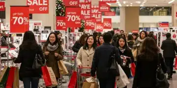 Shoppers excitedly navigating department store aisles with 'up to 70% off' signs during Post-Christmas Sales 2025.