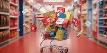 Shopping cart filled with premium products, 50% off tags, representing successful clearance event shopping in 2025.