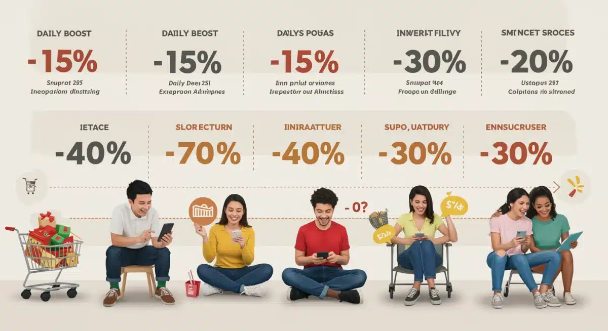 Infographic showing increased daily deals across product categories, with people shopping on phones.