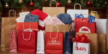 Shopping bags from national retailers filled with discounted items during Q4 clearance sales.
