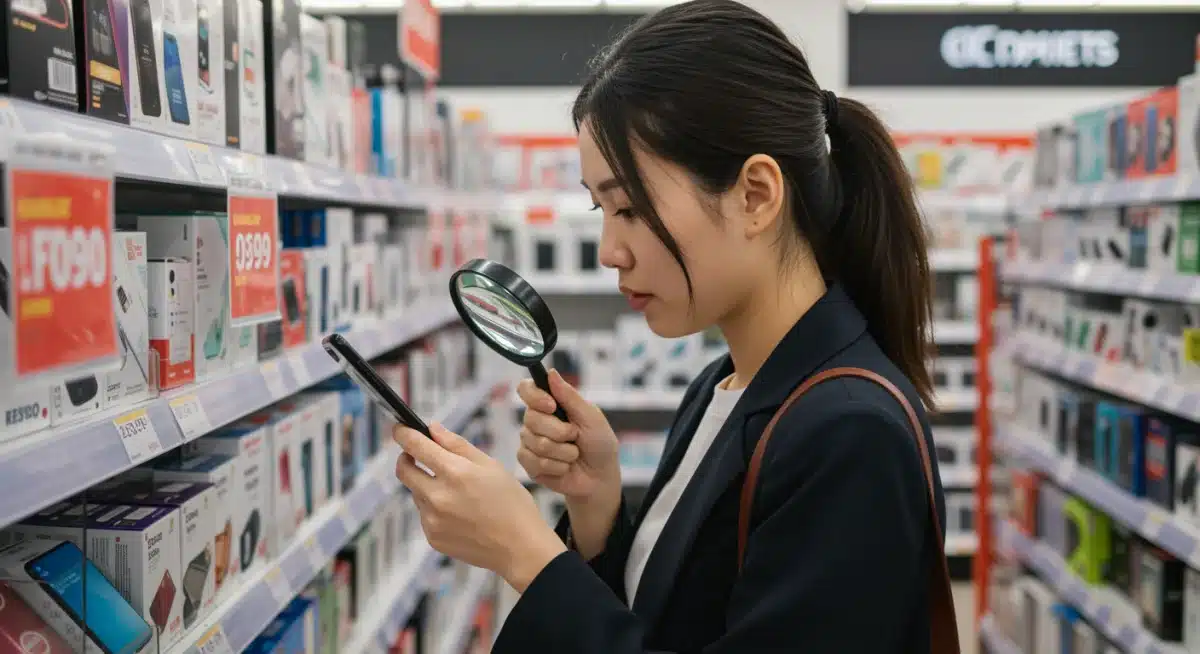 Shopper examining a discounted electronics item with a magnifying glass