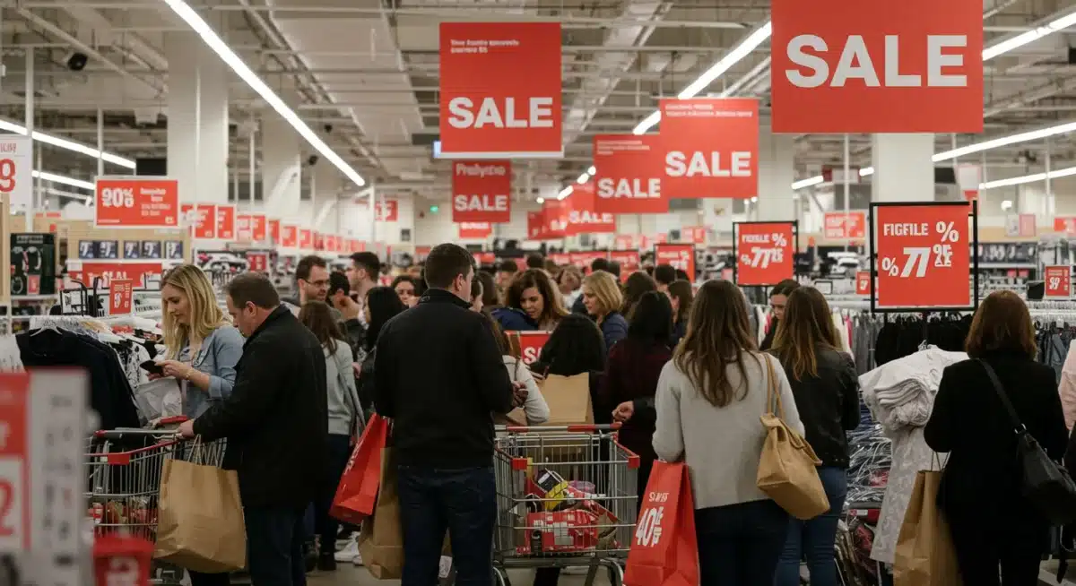 Shoppers actively searching for deals in a bustling retail clearance aisle