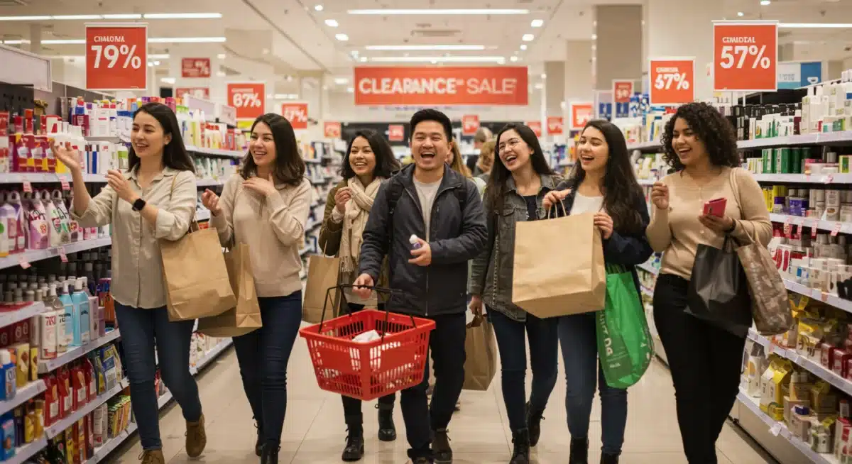 Shoppers excitedly browsing clearance aisles for discounted items