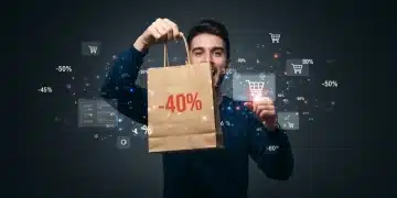 Woman smiling with shopping bag, 40% off tag, digital discount codes overlay