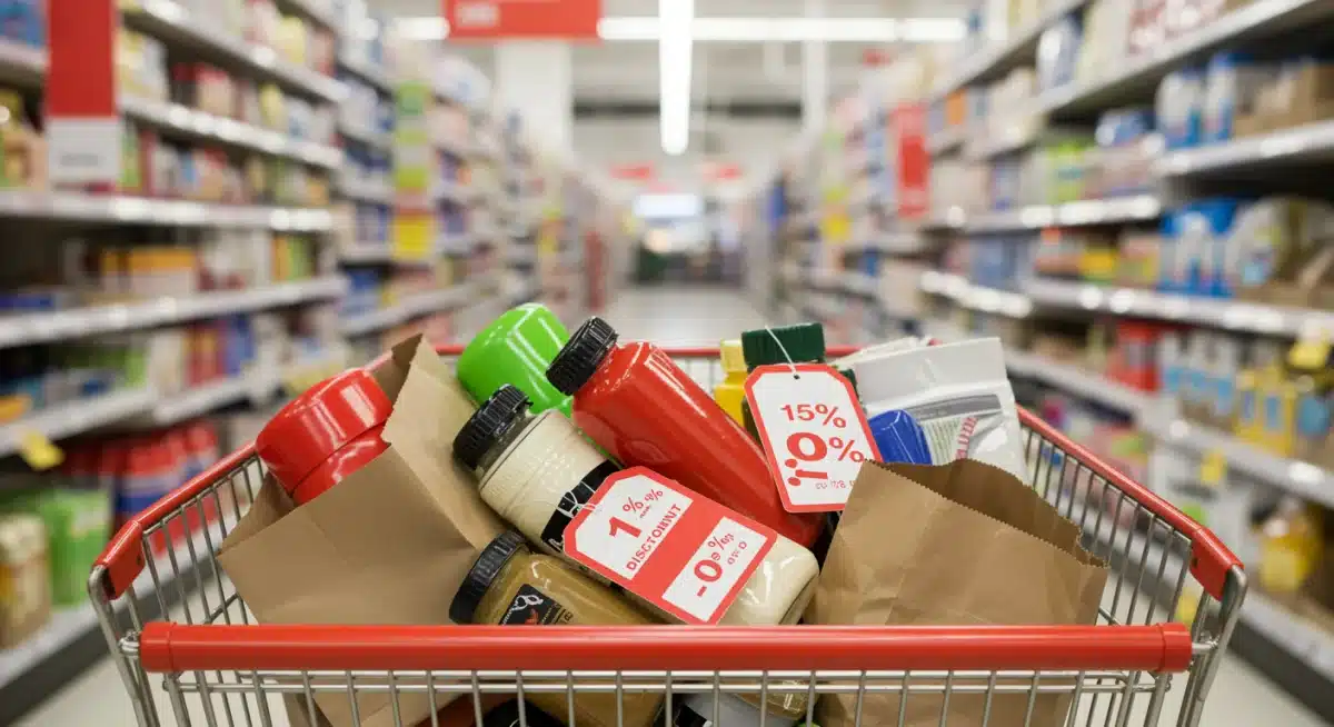 Shopping cart filled with diverse discounted items, featuring clear price tags in a department store aisle.