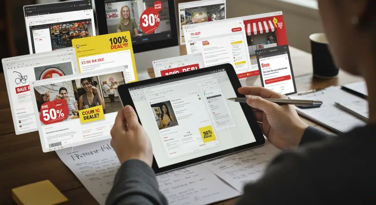 Person planning Thanksgiving shopping strategy on a tablet with various online stores.