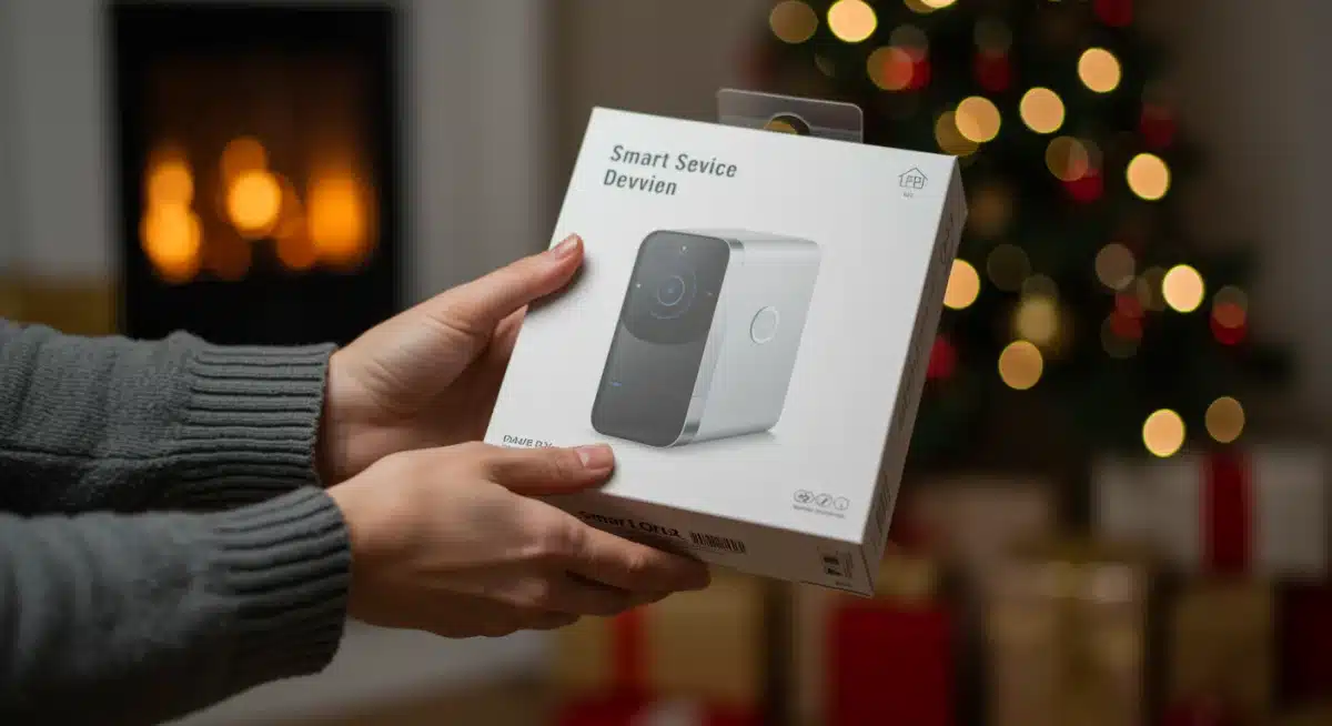 Hands holding a smart home device box, representing a successful electronics purchase during Post-Christmas Sales 2025.