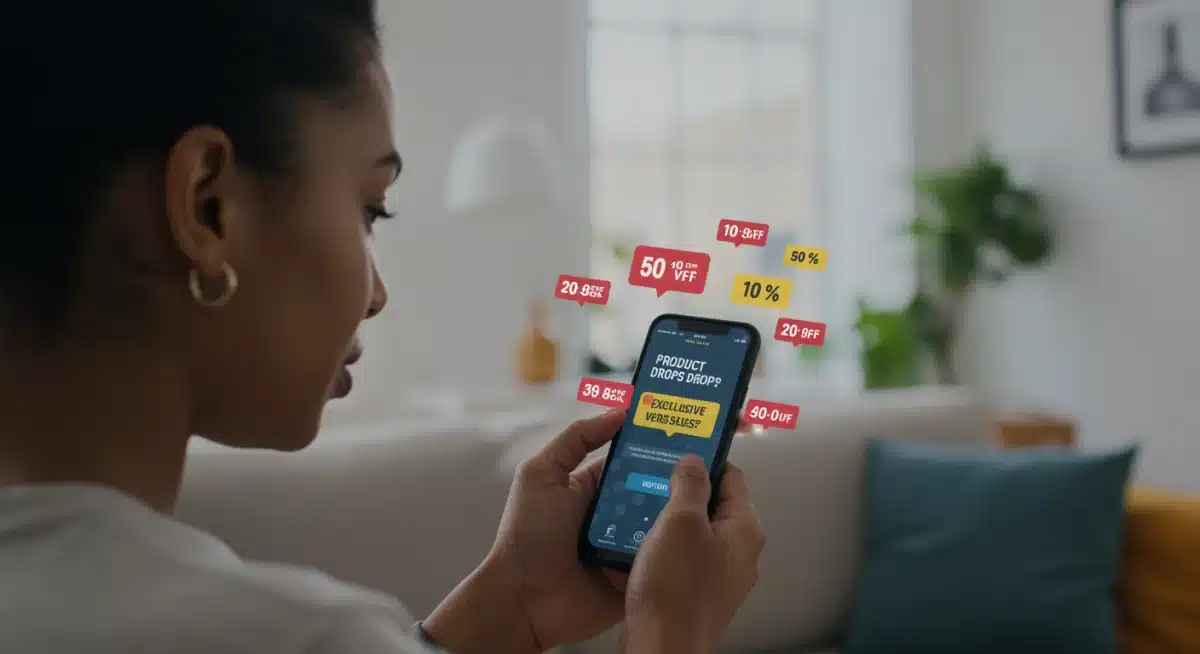 Person viewing smartphone with multiple deal and product drop notifications.