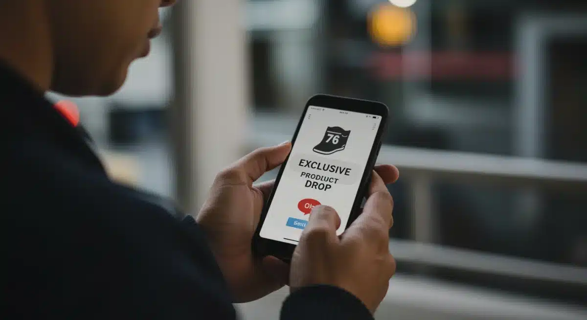 Person receiving an exclusive product drop notification on a smartphone, indicating timely awareness for early access.