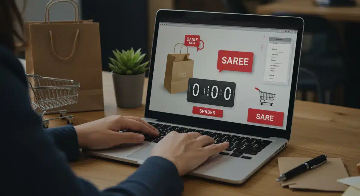 Person focused on a laptop screen with a countdown timer for an exclusive online deal.