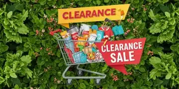 Shopping cart full of discounted items during a spring clearance sale, symbolizing significant savings.