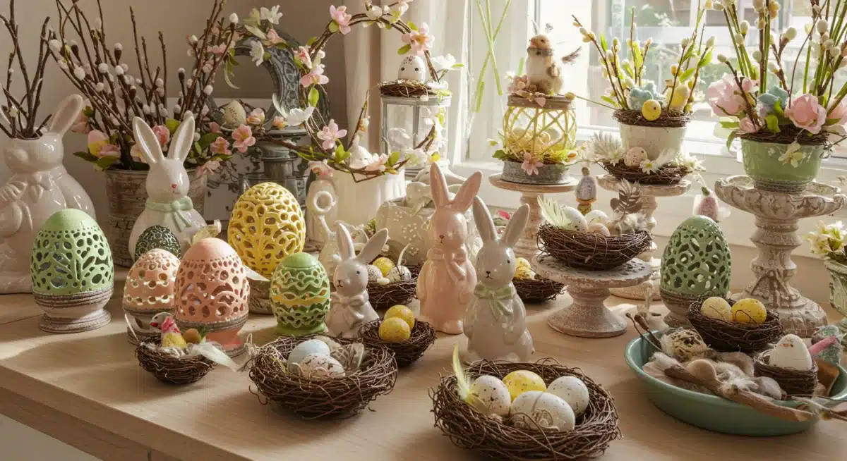 Assortment of elegant spring decoration items for Easter celebrations.