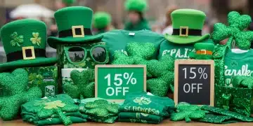 St. Patrick's Day 2025 themed merchandise with 15% off discount sign, featuring green hats, shirts, and festive decorations.