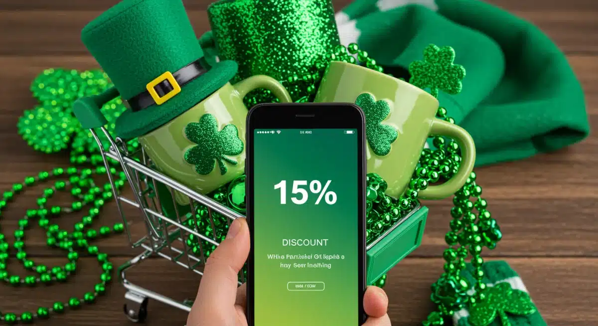 Shopping cart filled with St. Patrick's Day items and a smartphone showing a 15% off discount code.
