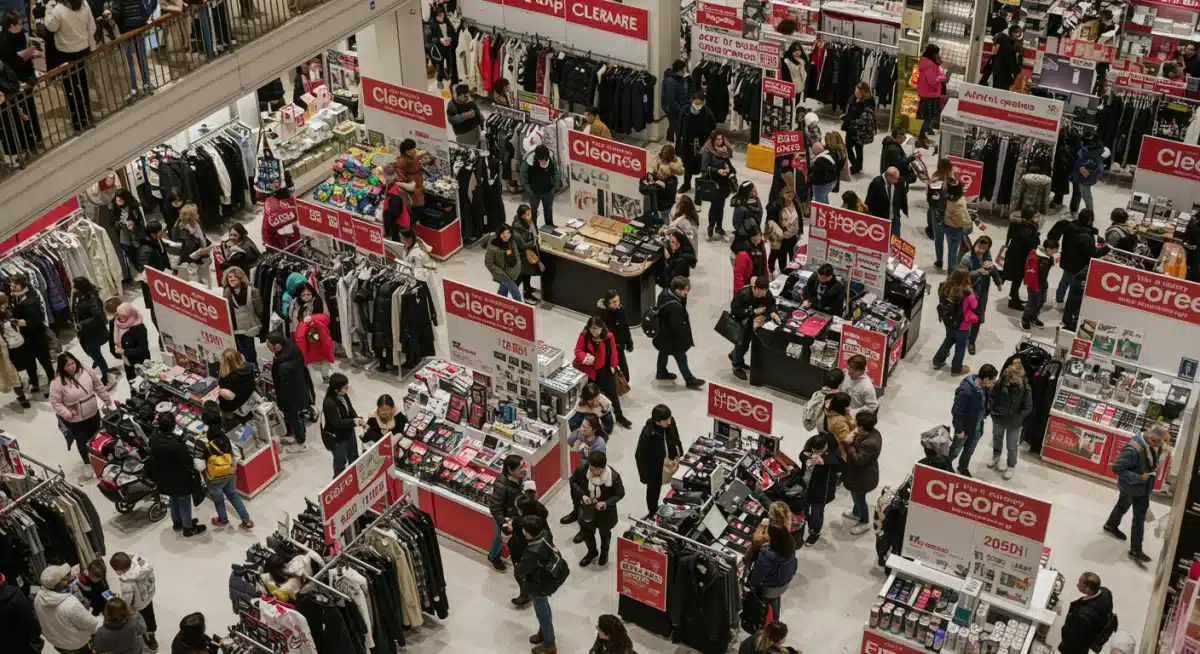 Shoppers strategically navigating a crowded department store during a clearance event, illustrating smart timing for deals.