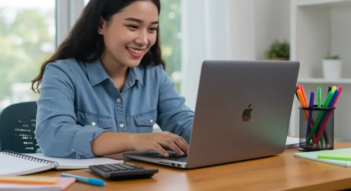 Student using a new laptop with organized school supplies