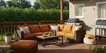 Stylish outdoor patio with modern furniture and grill