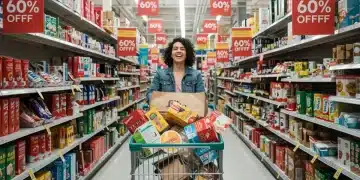 Shopper celebrating successful clearance hunt with shopping cart full of discounted items