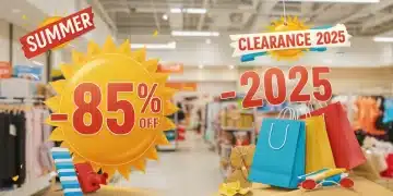 Summer clearance sale graphic with 85% off banner and shopping bags