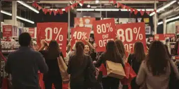 Shoppers rushing into a store for Thanksgiving doorbuster deals with '80% Off' signs.