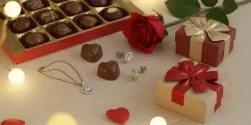 Romantic Valentine's Day gifts with jewelry, chocolates, and a rose on sale