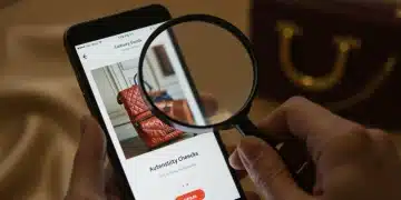 Woman verifying authenticity of luxury bag on smartphone, avoiding buyer's remorse.