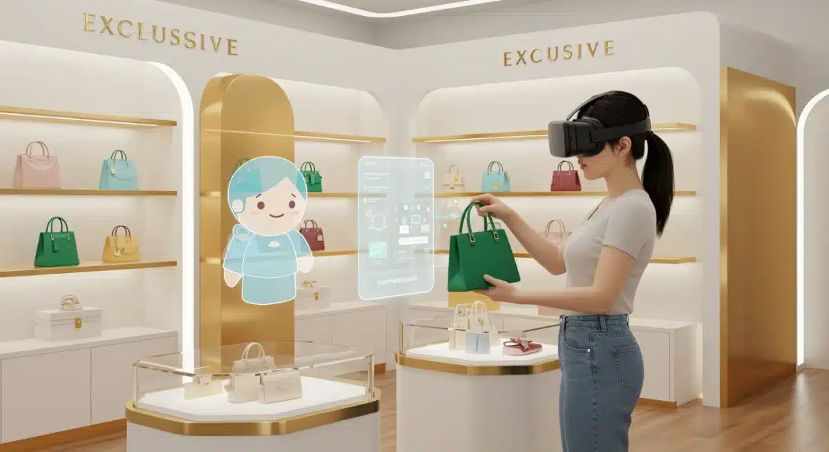 Shopper in VR headset exploring a virtual exclusive boutique with digital assistant
