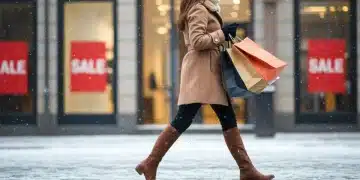 Woman in stylish winter coat and boots with shopping bags during sales